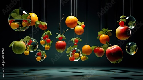  a group of fruit hanging from strings in the air with bubbles hanging from them.  generative ai © Anna