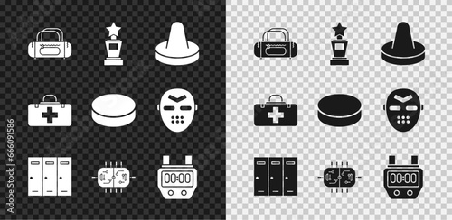 Set Sport bag, Award cup, Mallet for playing air hockey, Locker changing room, Hockey table, Stopwatch, First aid kit and puck icon. Vector