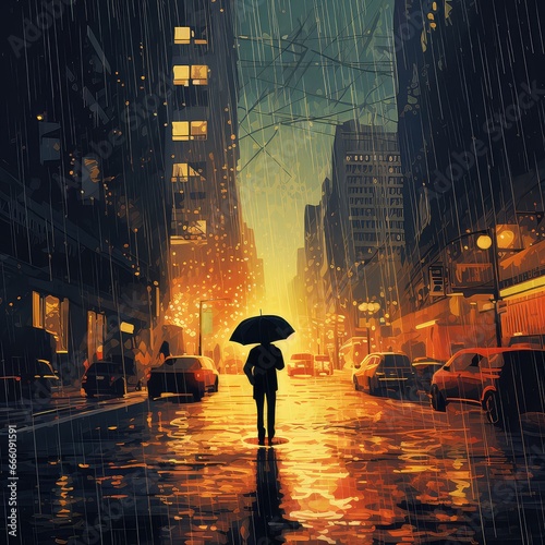 Vibrant City Rainstorm Illustration: Urban Deluge