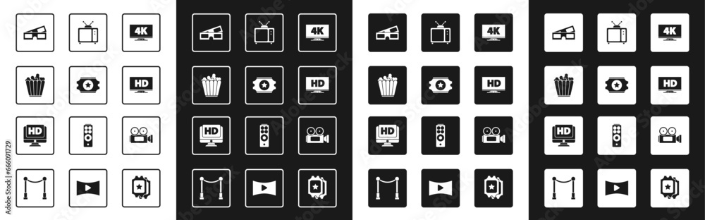 Set Screen tv with 4k, Cinema ticket, Popcorn box, 3D cinema glasses, Smart display HD video, Retro, camera and Monitor icon. Vector Set Screen tv with 4k, Cinema ticket, Popcorn box, 3D cinema glasses, Smart display HD video, Retro, camera and Monitor icon. Vector