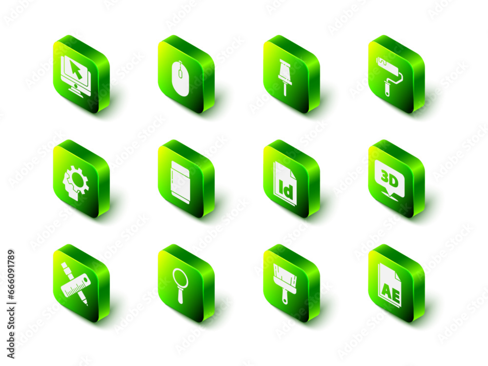 Set Computer mouse, Push pin, Paint roller brush, Speech bubble with text 3D, AE file document, ID File, and Magnifying glass icon. Vector Set Computer mouse, Push pin, Paint roller brush, Speech bubble with text 3D, AE file document, ID File, and Magnifying glass icon. Vector