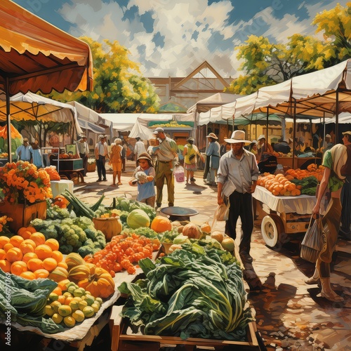 Bustling Farmers Market Scene with Fresh Produce

