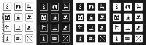 Set Bathtub, Cup of tea with tea bag, Bathroom scales, Bottle water, Heart on hand, Slipper, Apple in and Hair dryer icon. Vector