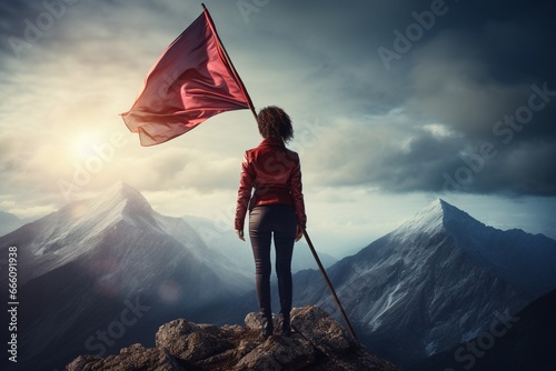 Businesswoman with red flag standing on mountain top with Sky background back view