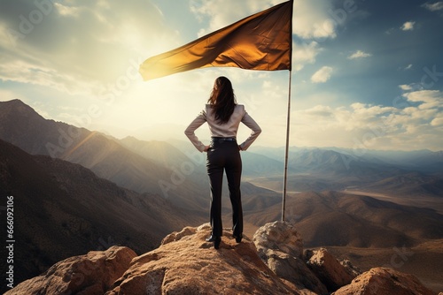 businesswoman standing top of mountain winner orange flag on back view