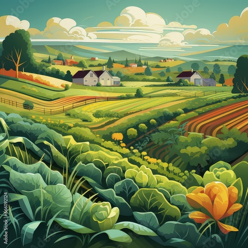 Lush Organic Farms Landscape Illustration

