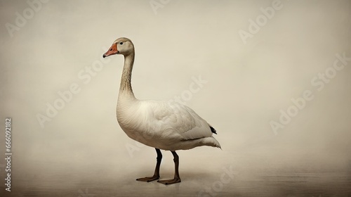  a white duck standing on a wooden floor in a room. generative ai