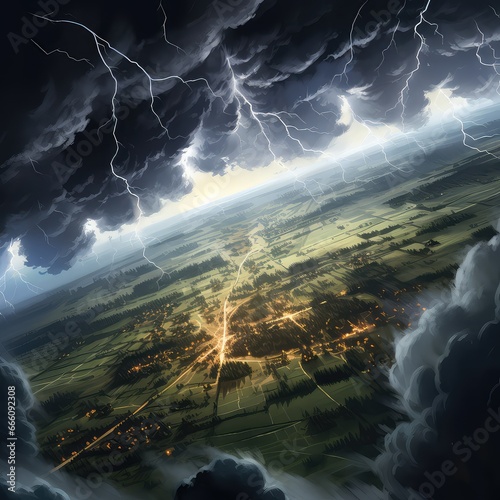 Aerial View of Thunderstorms Over Landscape Illustration

