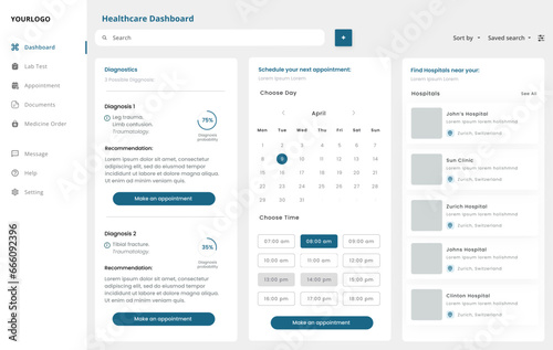 Healthcare, Medical Diagnosis, Find Hospital, Schedule Appointment Clinic Dashboard UI Kit Template