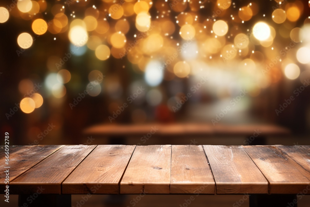 A wooden table takes center stage against the artistic backdrop of abstract, blurred restaurant lights, setting the scene for a memorable dining experience. Created with generative AI tools