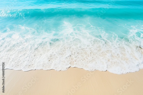 Abstract sand beach, transparent light blue waves—a summer vacation background concept banner that offers generous room for text and highlights the wonders of nature. Created with generative AI tools