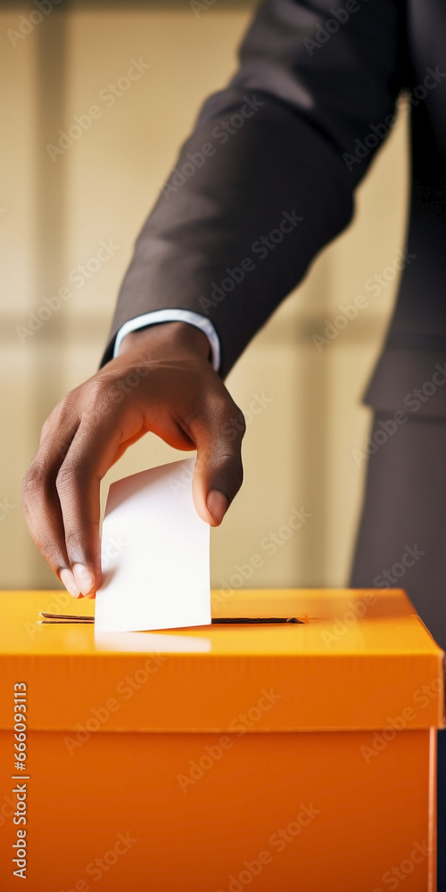 Man's hand putting envelope into orange ballot box. Unrecognizable person exercising the right to vote. Concept of political decision and democracy.