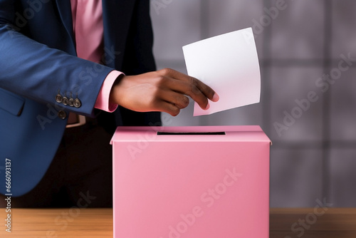 Man's hand putting envelope into pink ballot box. Unrecognizable person exercising the right to vote.