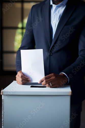 Man's hand putting white envelope into ballot box. Unrecognizable person exercising the right to vote.