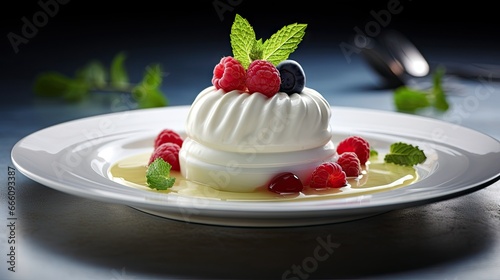  a dessert with berries and whipped cream on a white plate. generative ai
