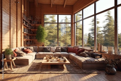 Stylish wooden living room with large windows allowing natural light to brighten the space. Generative AI © Azura