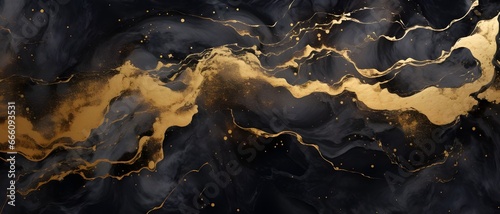 Abstract dark marble acrylic painting with gold veins on black background.