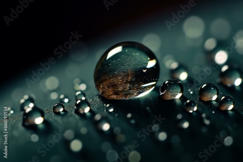 a macro shot of a raindrop on a dark backdrop with water droplets covering the droplet. Generative AI
