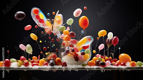  a table topped with lots of gummy bears and balloons. generative ai