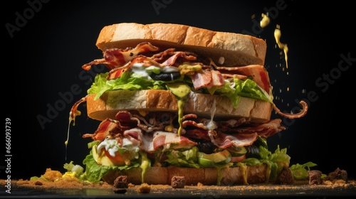  a large sandwich with bacon, lettuce, and other toppings.  generative ai