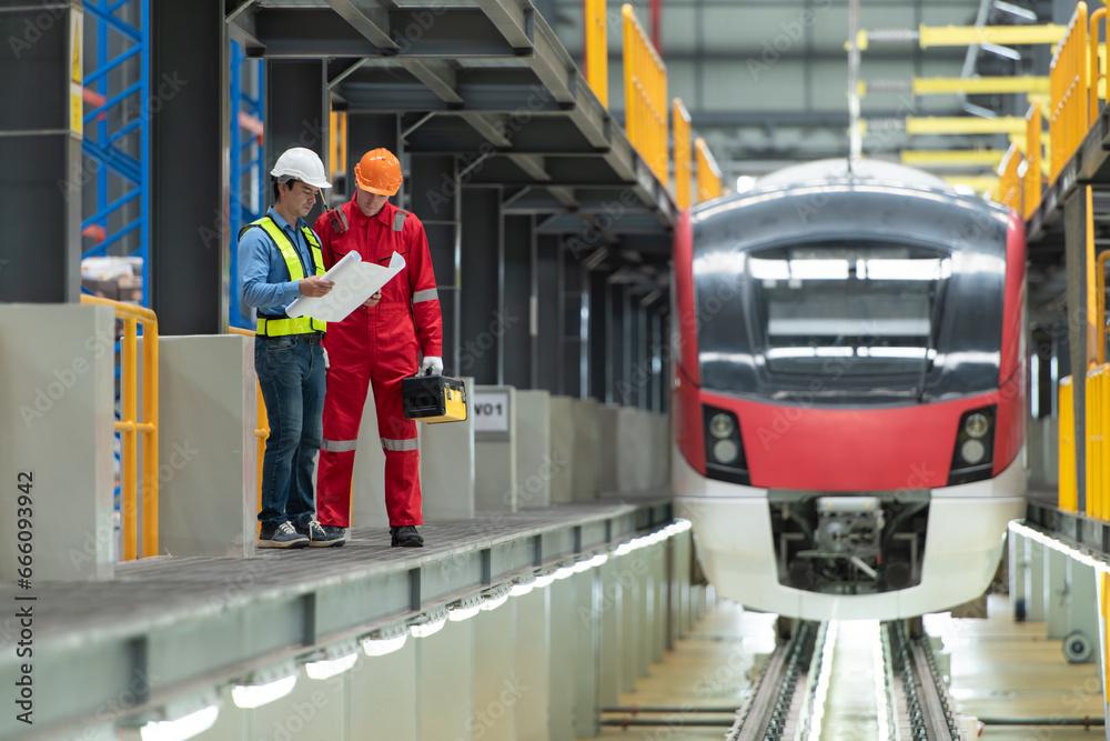 After the electric train is parked in the electric train repair shop, Electric train engineer and technician with tools inspect the railway and electric trains in accordance with the inspection round After the electric train is parked in the electric train repair shop, Electric train engineer and technician with tools inspect the railway and electric trains in accordance with the inspection round
