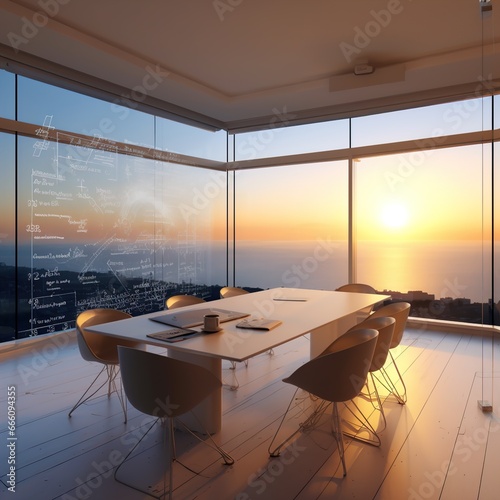 modern office interior and sunset in the background