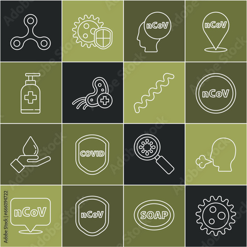 Set line Virus, Man coughing, Corona virus 2019-nCoV, Positive, Bottle of liquid antibacterial soap, and icon. Vector
