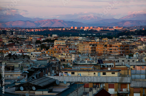 Panorama of the Prati district of Rome, with the hills and nearby towns in the background.