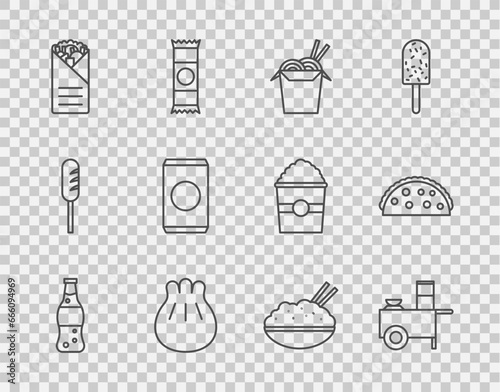 Set line Bottle of water, Fast street food cart, Asian noodles and chopsticks, Khinkali on cutting board, Doner kebab, Soda can with straw, Rice bowl and Taco tortilla icon. Vector