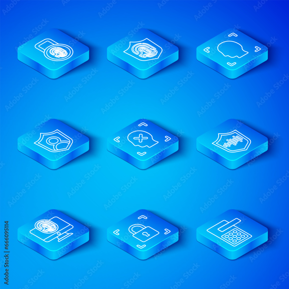 Set line Monitor with fingerprint, Rejection face recognition, Fingerprint lock, Shield voice, Face, User protection, and Digital door icon. Vector