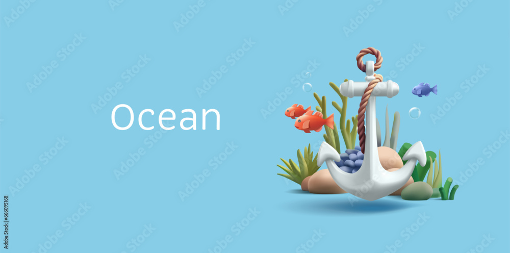 3d render illustration of underwater coral reef with fish and sailing anchor, cartoon diving or snorkeling composition - obrazy, fototapety, plakaty 