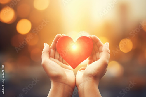 Hands holding heart symbol  blurred background. International Day of Friendship concept 