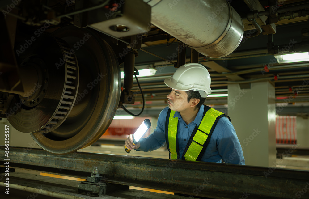 Engineers for electric trains After detecting difficulties with the electric train's machinery use searchlights to locate and check damaged sections. In the electric train repair shop Engineers for electric trains After detecting difficulties with the electric train's machinery use searchlights to locate and check damaged sections. In the electric train repair shop