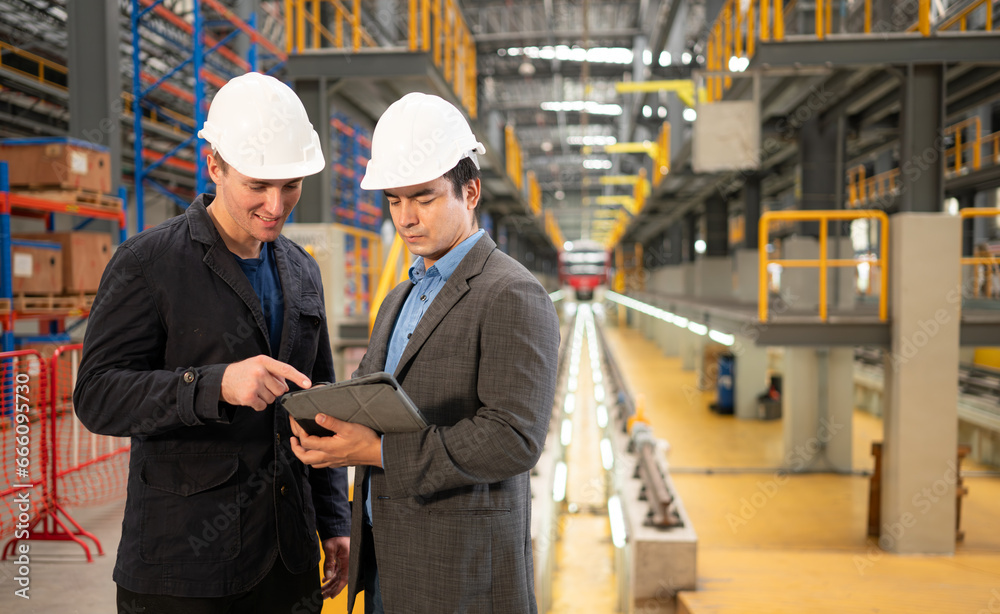 Two businessmen inspect the electric train system using a tablet to reserve equipment for use in repairing tracks and machinery of the electric train transportation system. Two businessmen inspect the electric train system using a tablet to reserve equipment for use in repairing tracks and machinery of the electric train transportation system.