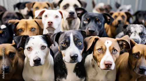 Several abandoned puppies stand and look with sad eyes, wanting to find a home and owner. dogs waiting to feed, eyes filled with anticipation, Concept of adopting a pet from a shelter.