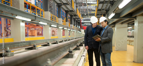 Two businessmen inspect rail work to reserve equipment for use in repairing tracks and machinery of the electric train transportation system.