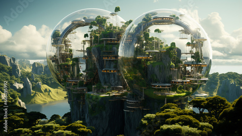 Futuristic technology concept, connected planet background of technology comunity, high growth of technology all over the world. House and tree growing in a glass dome creative ideas of the world or s