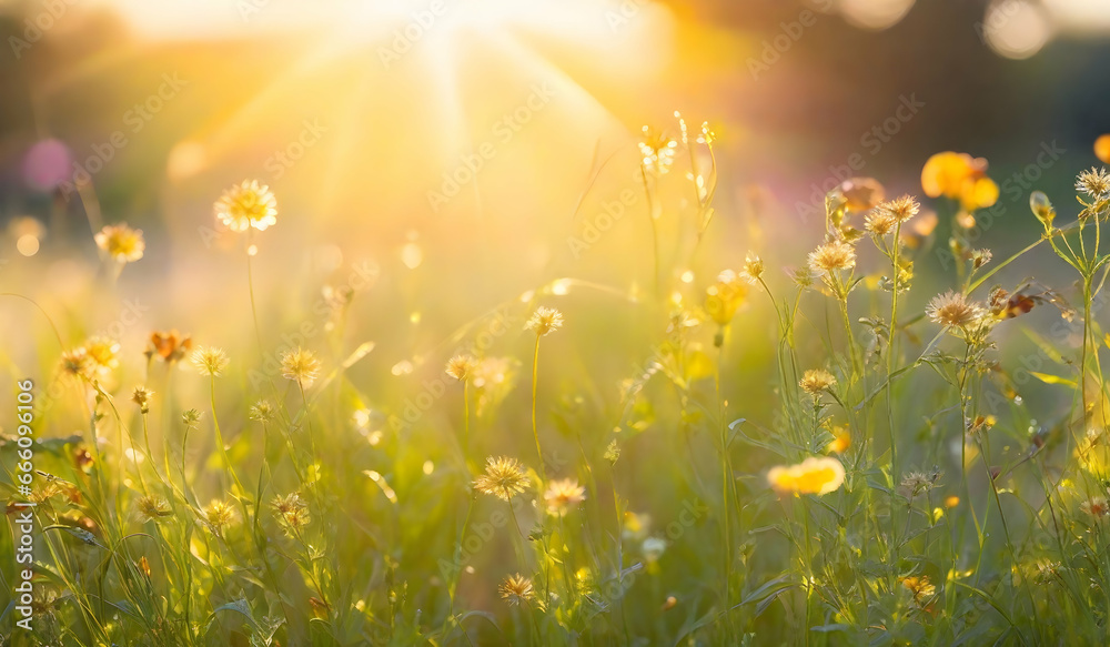 Sunset on the meadow with dandelions, shallow depth of field. Abstract summer nature background