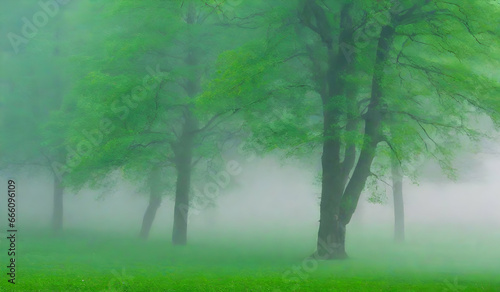 Morning fog in the forest, soft focus and blurred nature background.
