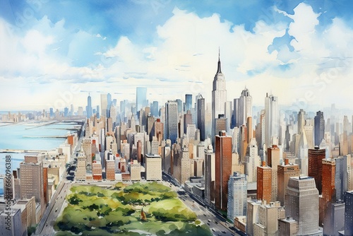Panoramic aerial view of Manhattan's midtown with skyscrapers against a blue sky, depicted in a digital watercolor painting. Generative AI