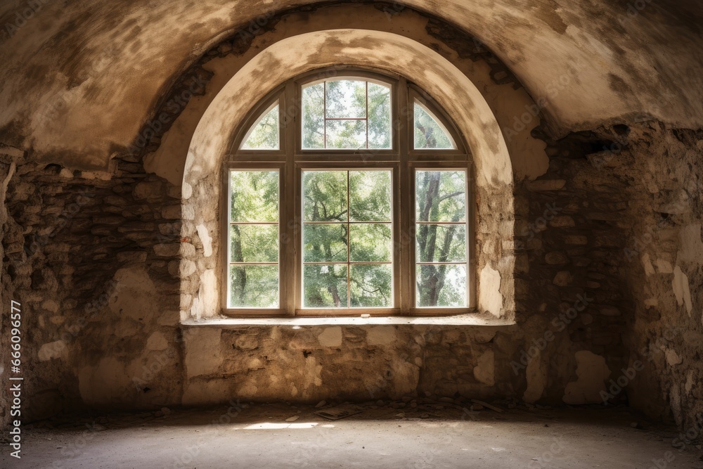 Arched window in a crumbling brick room, overlooking serene trees.