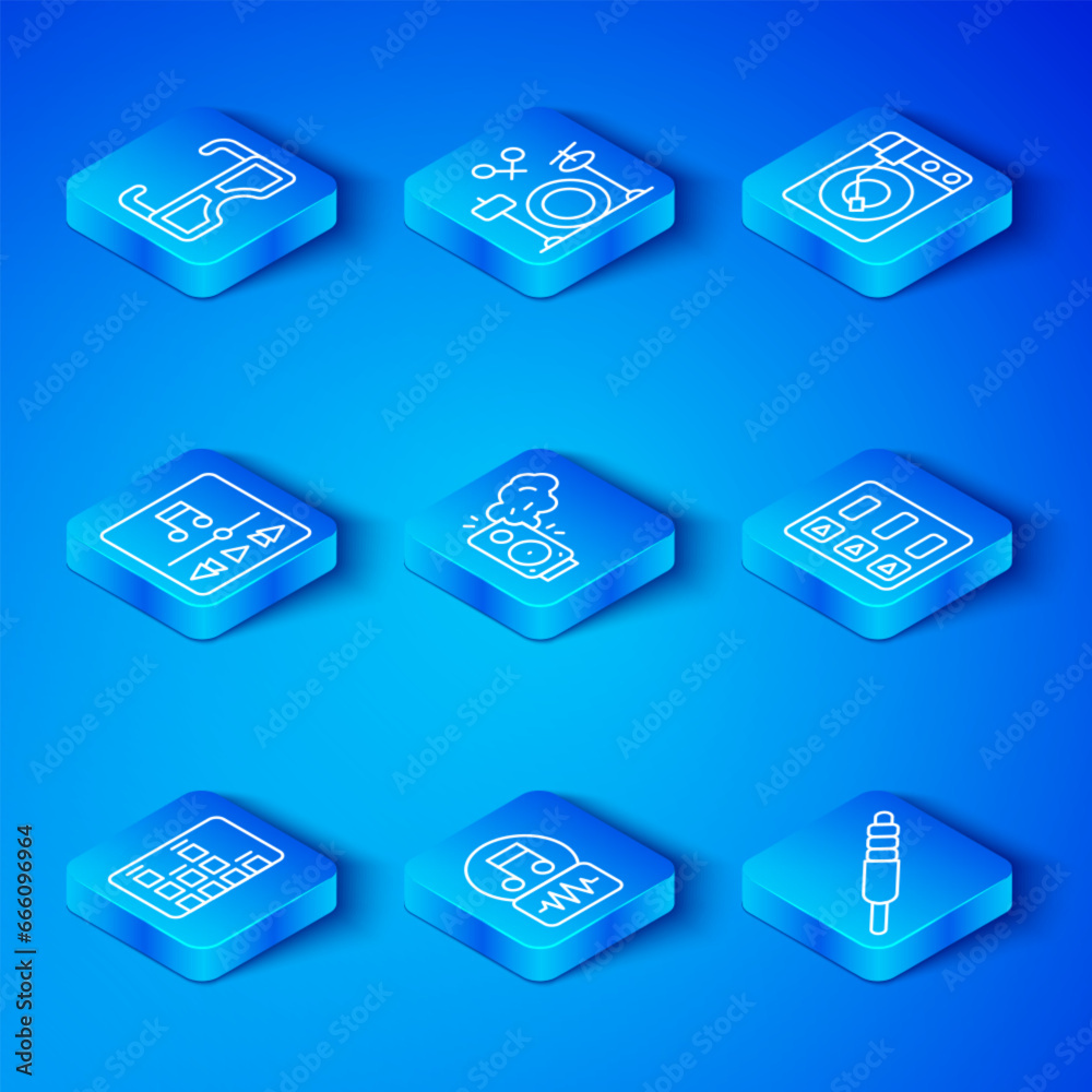 Set line Music equalizer, Stereo speaker, note, tone, playlist, Vinyl player with vinyl disk, Glasses and Audio jack icon. Vector
