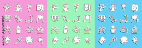 Set line Toy horse, Robot toy, Jump rope, Pinwheel, plane, Xylophone, Ray gun and Roller scooter icon. Vector