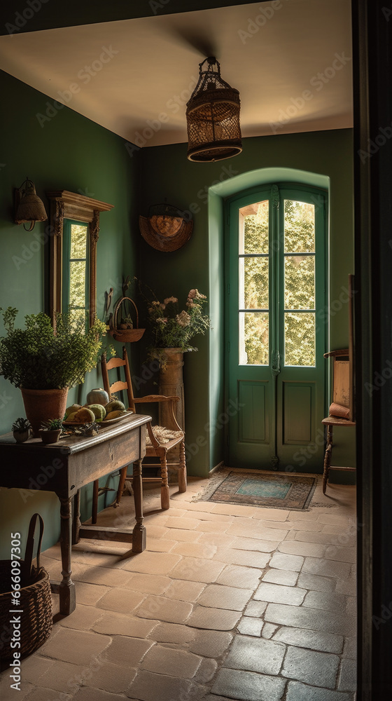Green door leads into a hallway with a table and chairs in front of a potted plant on a window sill next to a large stone floored room with a wooden table and chairs in front of. Green door leads into a hallway with a table and chairs in front of a potted plant on a window sill next to a large stone floored room with a wooden table and chairs in front of.