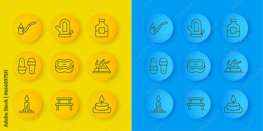 Set line Burning candle, Sauna slippers, Bar of soap, Aroma, Campfire, ladle, Bottle vodka and mitten icon. Vector Set line Burning candle, Sauna slippers, Bar of soap, Aroma, Campfire, ladle, Bottle vodka and mitten icon. Vector