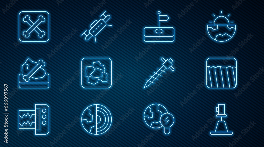 Set line Tacheometer, theodolite, Ground, Flag, Gold nugget, Archeology, Construction jackhammer and Drone icon. Vector Set line Tacheometer, theodolite, Ground, Flag, Gold nugget, Archeology, Construction jackhammer and Drone icon. Vector