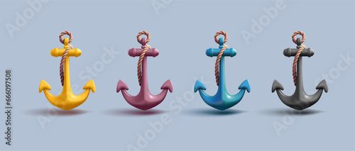 anchor 3D vector icon set, sailing retro anchor with rope in different colors, render illustration