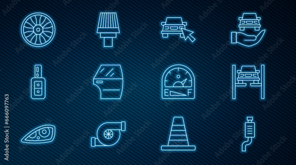 Set line Car muffler, Repair car on lift, Online sharing, door, key with remote, Alloy wheel for, Motor gas gauge and filter icon. Vector Set line Car muffler, Repair car on lift, Online sharing, door, key with remote, Alloy wheel for, Motor gas gauge and filter icon. Vector