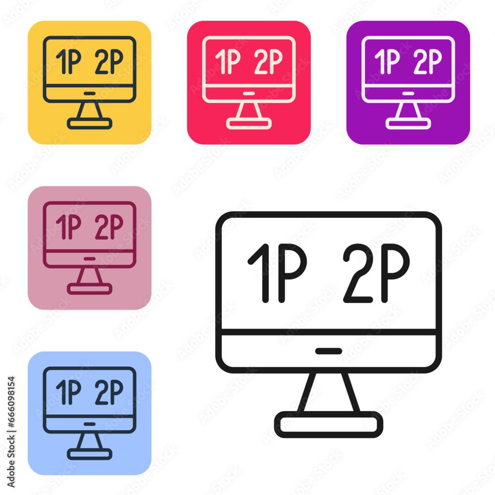 Black line Computer monitor screen icon isolated on white background. Electronic device. Front view. Set icons in color square buttons. Vector Black line Computer monitor screen icon isolated on white background. Electronic device. Front view. Set icons in color square buttons. Vector