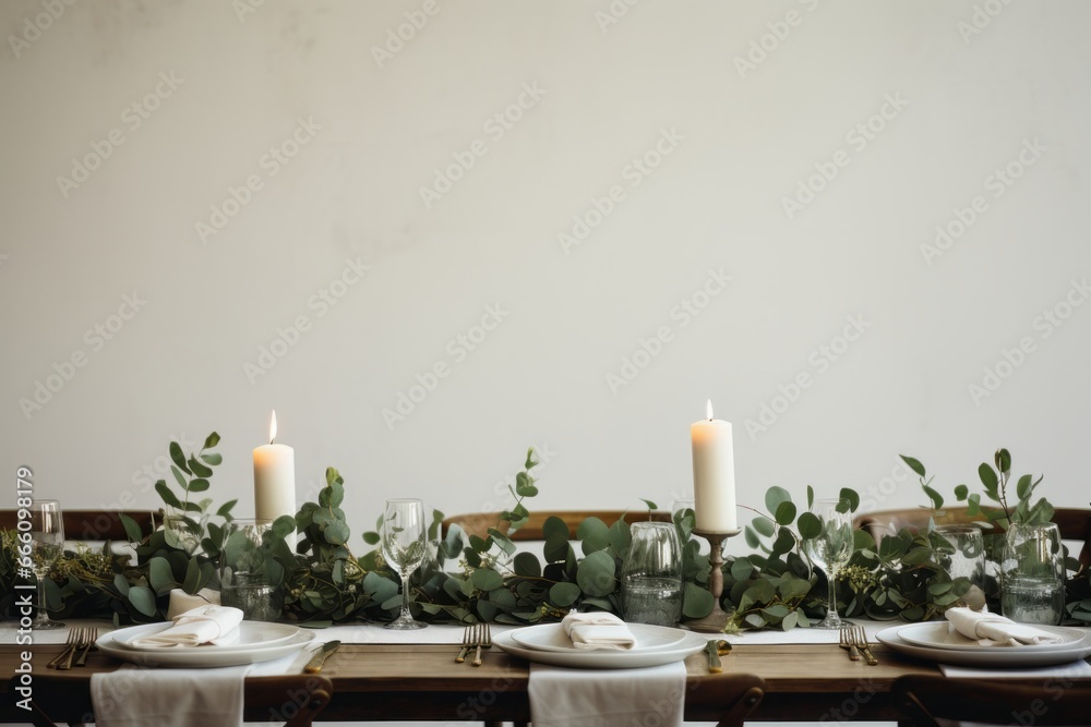 Minimalist white and green tablescape with eucalyptus in vase and candles